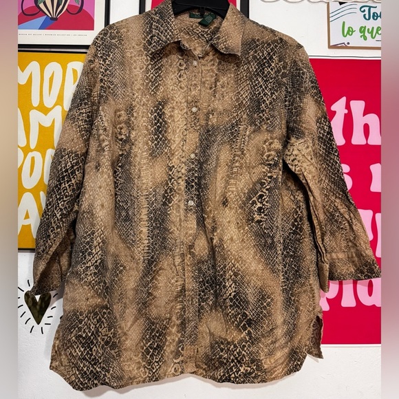 Lauren Ralph Lauren Women’s Snake Print Button-Down Shirt 1X 100% Cotton - Picture 1 of 4